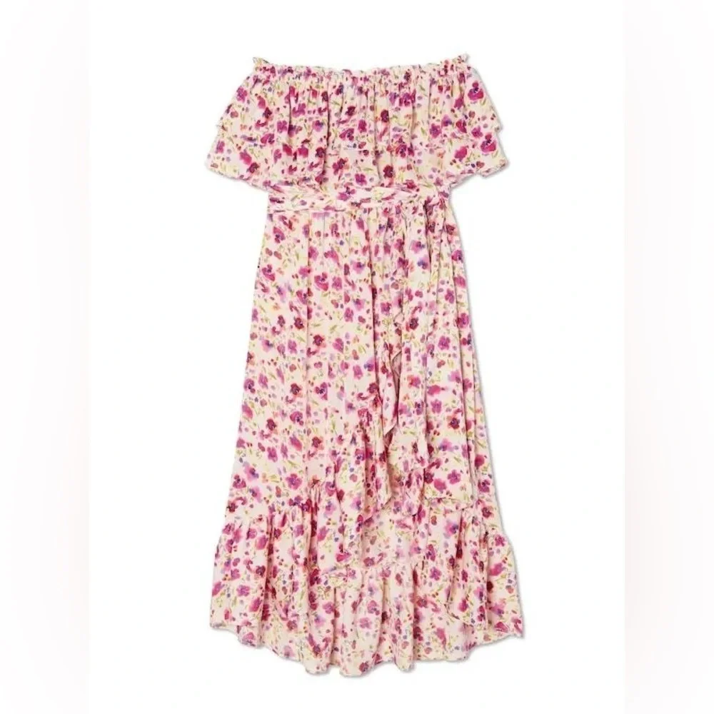 MISA Los Angeles Sabella Strapless Ruffle Tie Waist Midi Dress in Fuchsia Floral